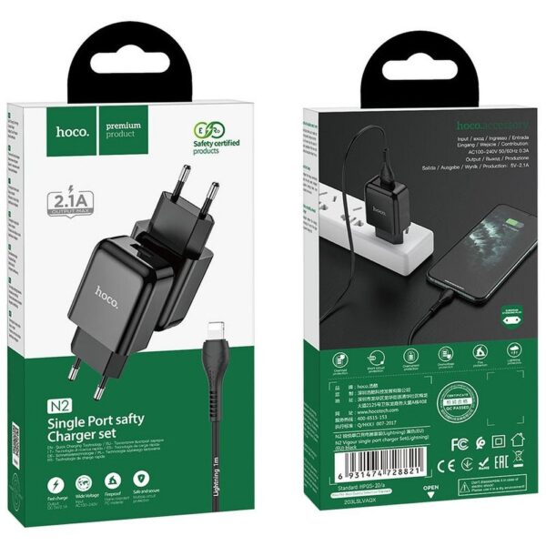 HOCO travel charger USB A + cable USB A to Lightning 2.1A N2 black