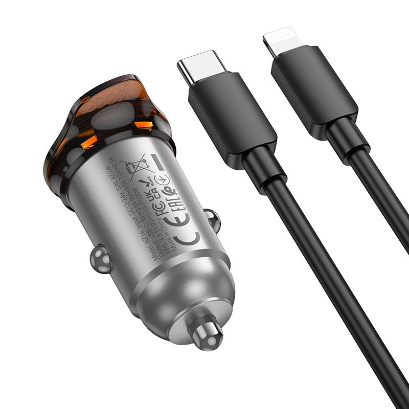 HOCO car charger Type C + cable Type C to Lightning PD QC 30W NZ16 metal gray