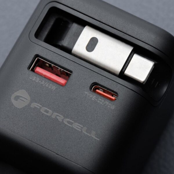 FORCELL F-ENERGY GaN III VT-R7 travel charger with retractable cable Type C and 1x Type C, 1x USB A charging ports PD QC4.0 3A 70W gray