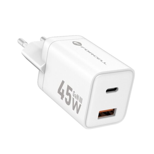 FORCELL F-ENERGY Mini GaN III VT-36 travel charger with 1 x Type C + 1x USB A sockets, PD QC4.0 45W white