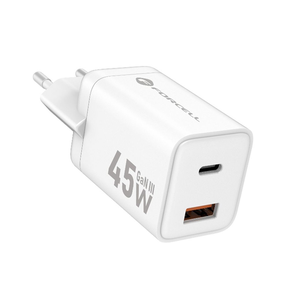 FORCELL F-ENERGY Mini GaN III VT-36 travel charger with 1 x Type C + 1x USB A sockets, PD QC4.0 45W white