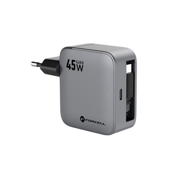 FORCELL F-ENERGY GaN III VT-R5 travel charger with retractable cable Type C and Type C charging port PD QC4.0 3A 45W gray