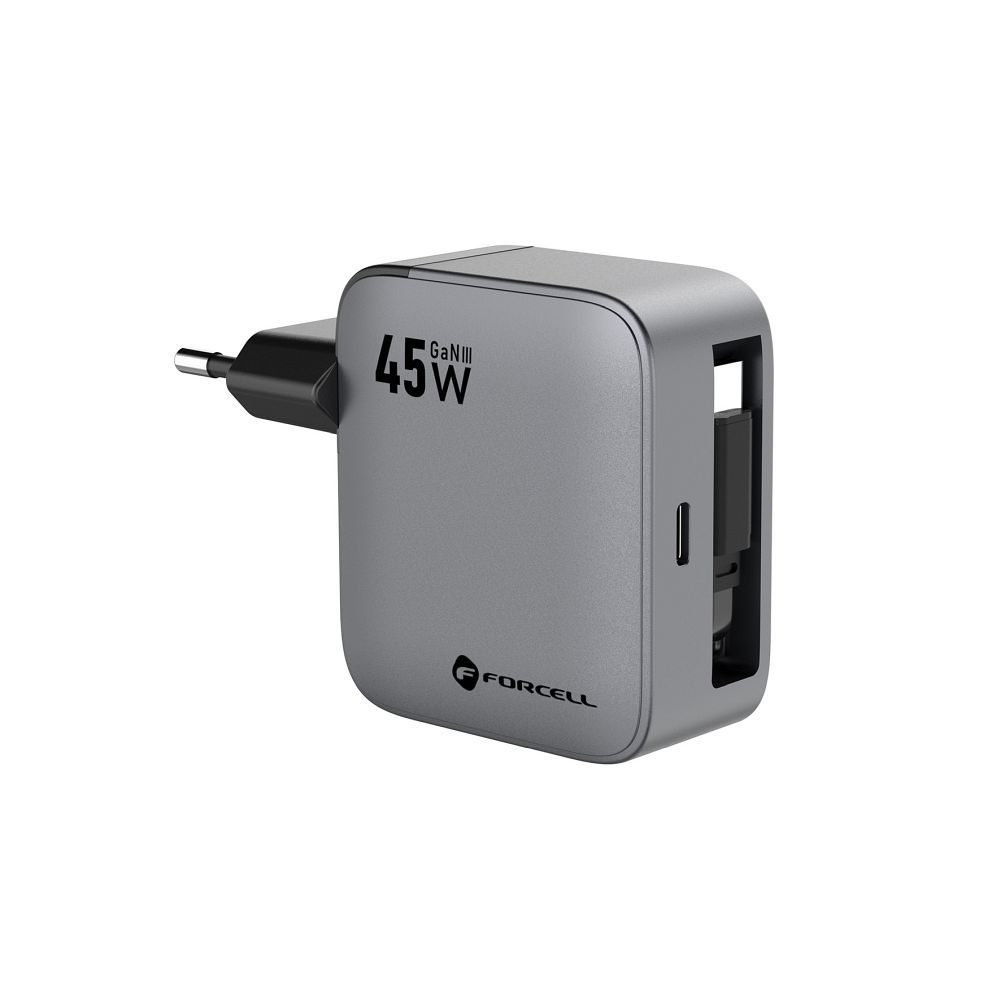 FORCELL F-ENERGY GaN III VT-R5 travel charger with retractable cable Type C and Type C charging port PD QC4.0 3A 45W gray