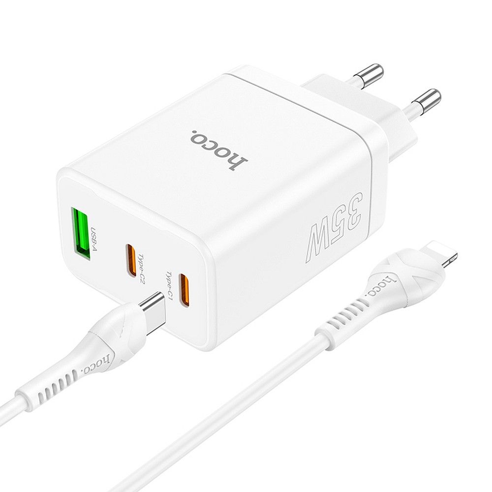 HOCO charger 2 x Type C + USB A + cable Type C to Lightning PD QC3.0 3A 35W N33 white