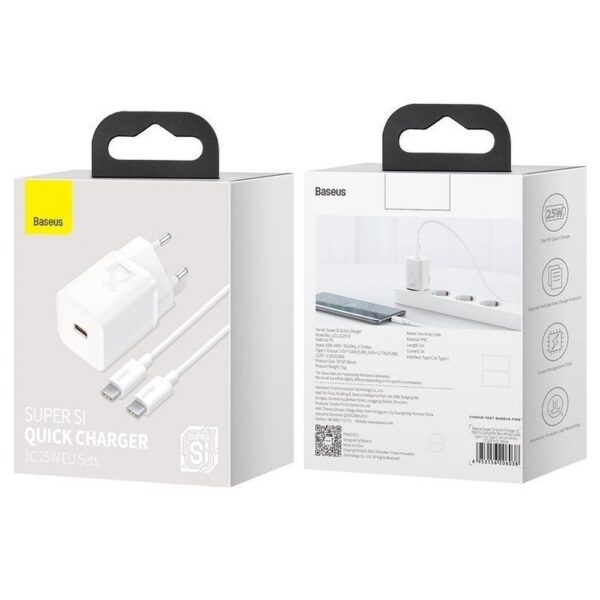 BASEUS charger Type C + cable Type C to Type C PD QC3.0 3A 25W TZCCSUP-L02 white