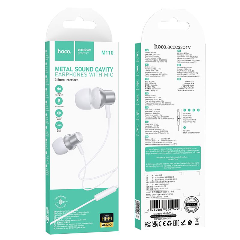 HOCO wire earphones Jack 3,5 mm with microphone M110 silver