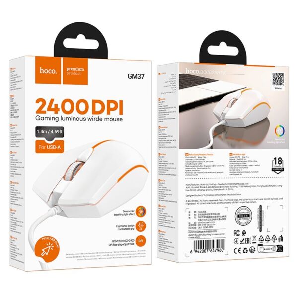HOCO gaming wire USB A computer mouse 2400 dpi GM37 white