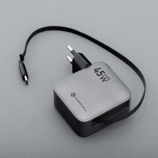 FORCELL F-ENERGY GaN III VT-R5 travel charger with retractable cable Type C and Type C charging port PD QC4.0 3A 45W gray