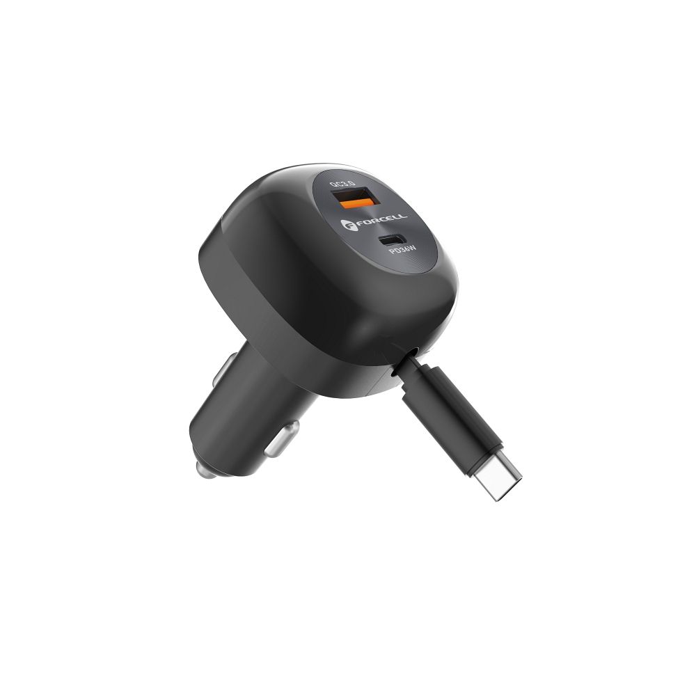 FORCELL F-ENERGY Alu car charger with retractable cable Type C and Type C + USB A sockets PD QC4.0 SFC2.0 3A 75W black
