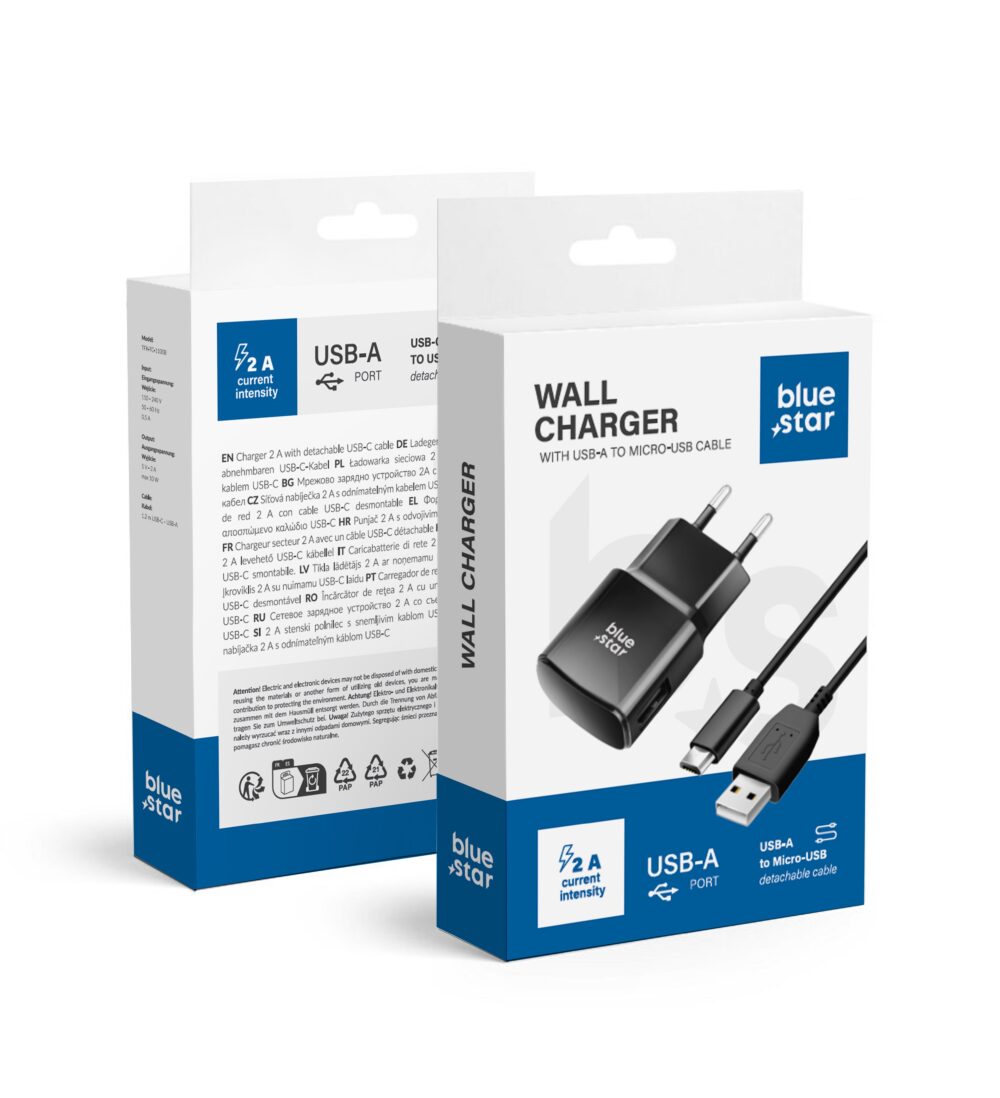 fe3467f886a2efca36870426f6c86f36 BLUE STAR travel charger 2A 10W USB A + cable USB A to Micro USB TFK-TC-1100B black
