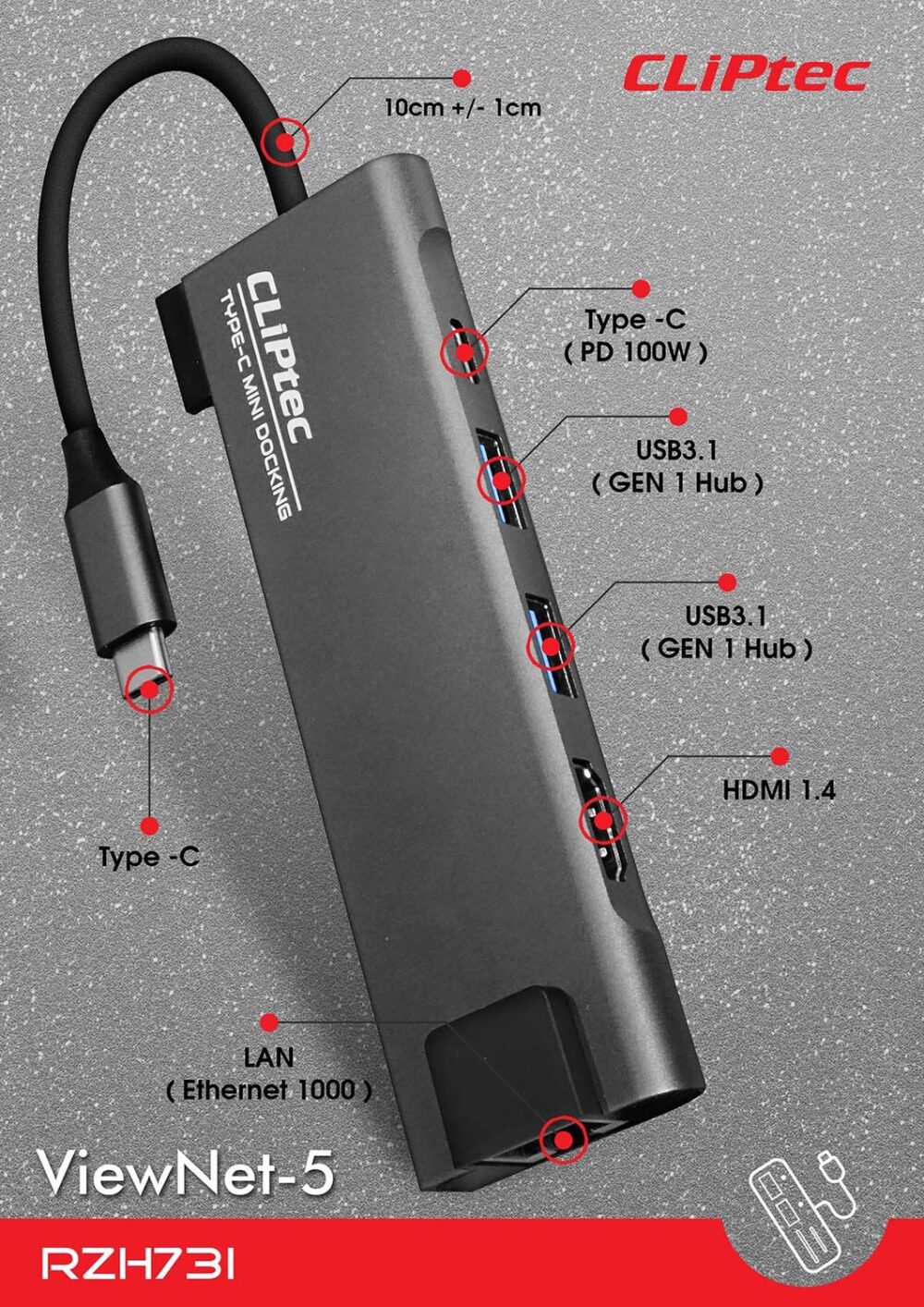 Cliptec Adapter HUB - Type C to 2xUSB 3.1 + Type C + HDMI + RJ45 - DockView-6 RZH731 grey