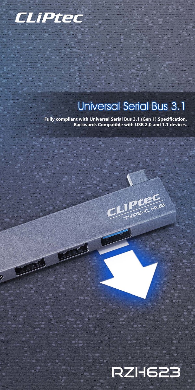 Cliptec Adapter HUB - Type C na USB 3.1 + 2xUSB 2.0 + Type C - Conquer RZH623 grey