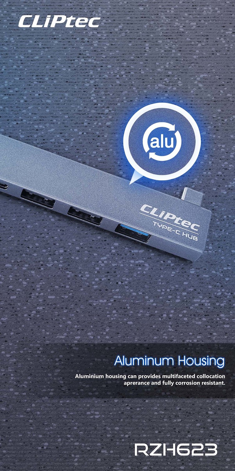 Cliptec Adapter HUB - Type C na USB 3.1 + 2xUSB 2.0 + Type C - Conquer RZH623 grey