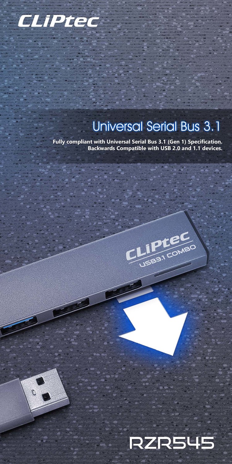 Cliptec Adapter HUB - USB to USB 3.1 + 2xUSB 2.0 + microSD - Slim Combo RZR545 grey