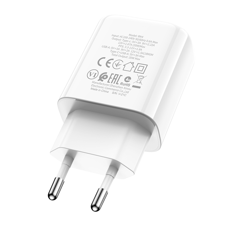 Borofone Wall charger BN4 Potential - USB + Type C - QC 3.0 PD 2.0 20W white