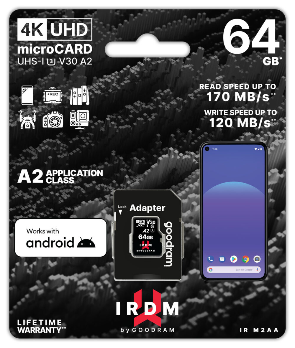 GOODRAM Memory MicroSD Card IRDM - 64GB with adapter UHS I U3 V30 A2 170MB/s