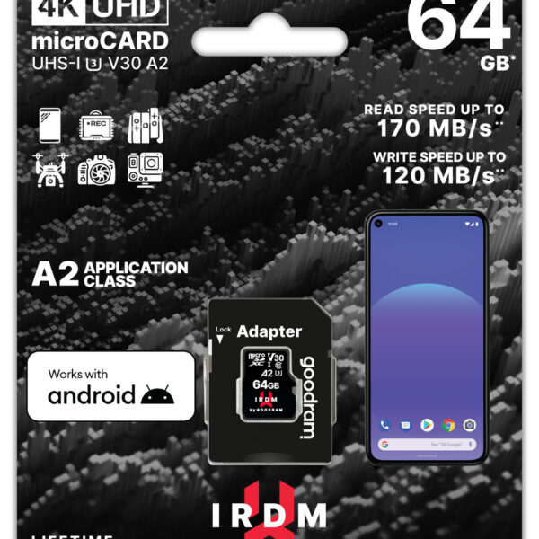 GOODRAM Memory MicroSD Card IRDM - 64GB with adapter UHS I U3 V30 A2 170MB/s