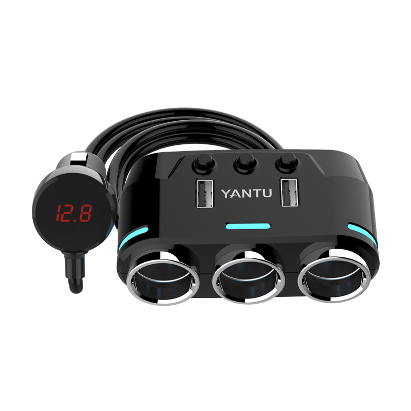 Car Cigarette Lighter Socket Splitter B39 Type C - 3 sockets + 2xUSB - 2,1A 100W with display and cable