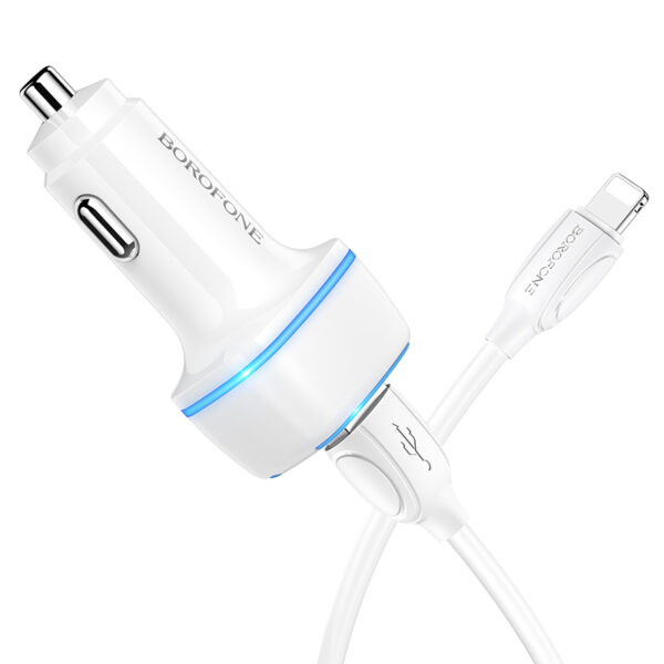 Borofone Car charger BZ14 Max - 2xUSB - 2,4A with USB to Lightning cable white