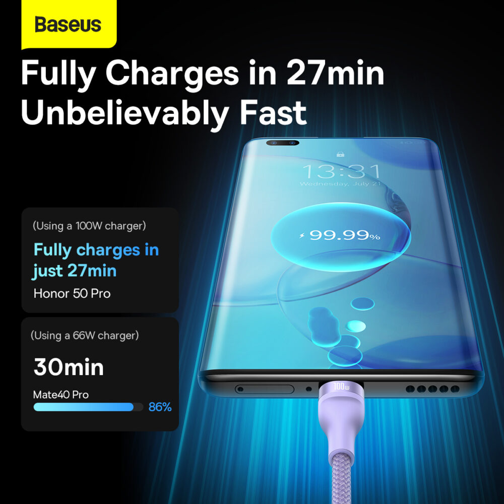 Baseus Cable Flash Series II 3 in 1 - USB to Type C, Lightning, Micro USB - 100W 6A 1,2 metres (CASS030005) purple
