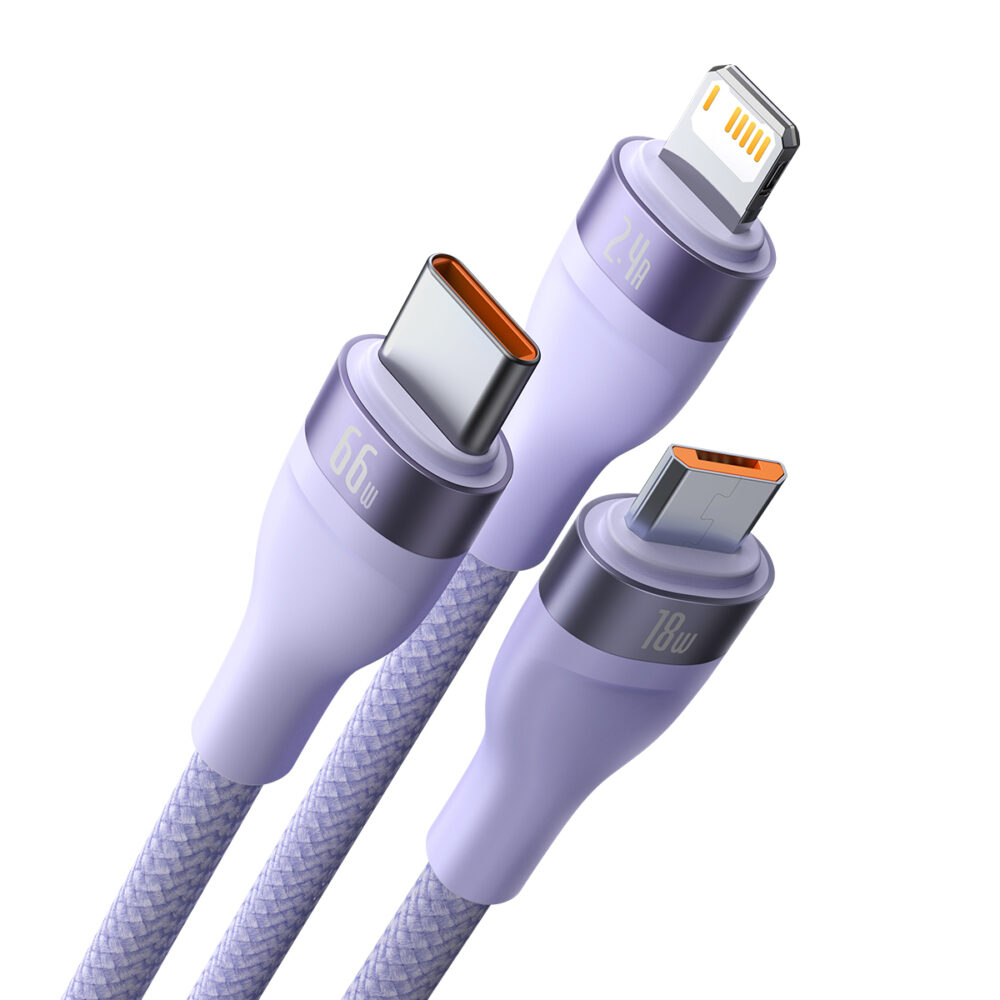 Baseus Cable Flash Series II 3 in 1 - USB to Type C, Lightning, Micro USB - 66W 6A 1,2 metres (CASS040005) purple