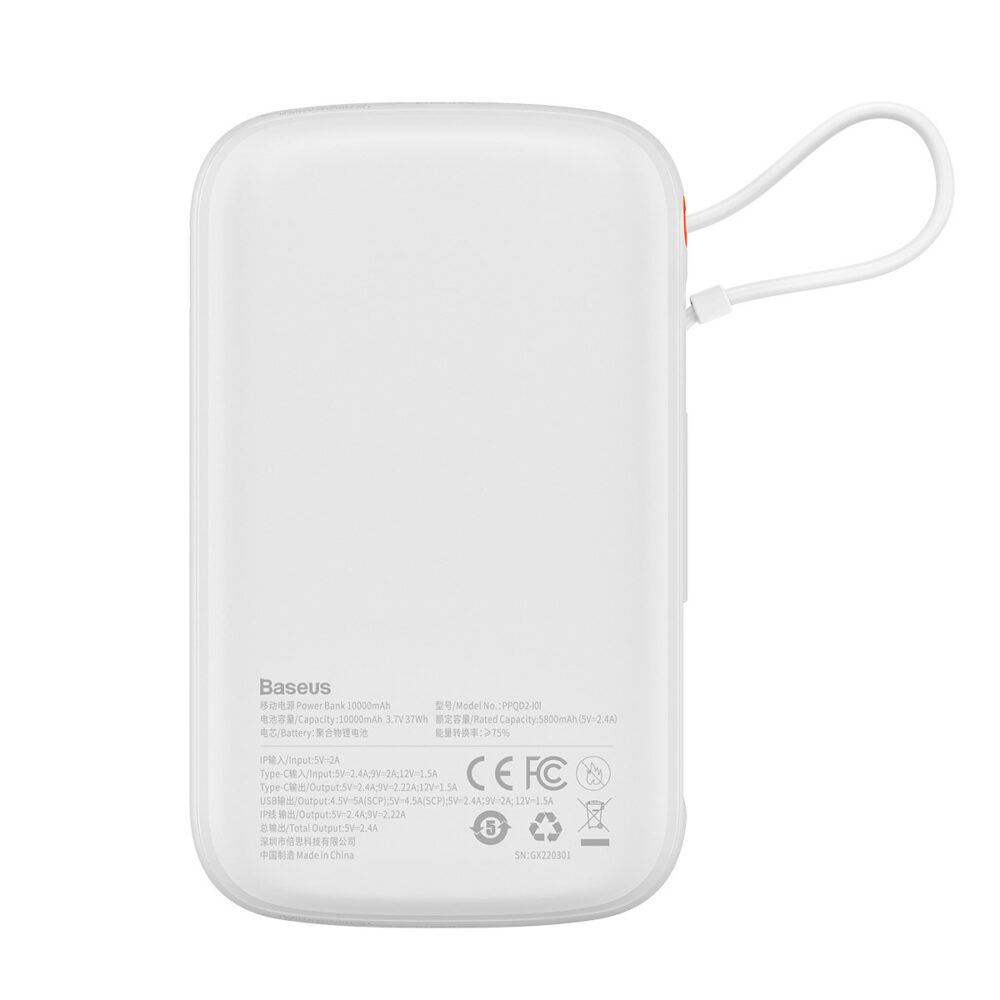 Baseus Power Bank 10000mAh Qpow Pro - USB + Type C - PD 20W with Lightning cable (PPQD060002) white