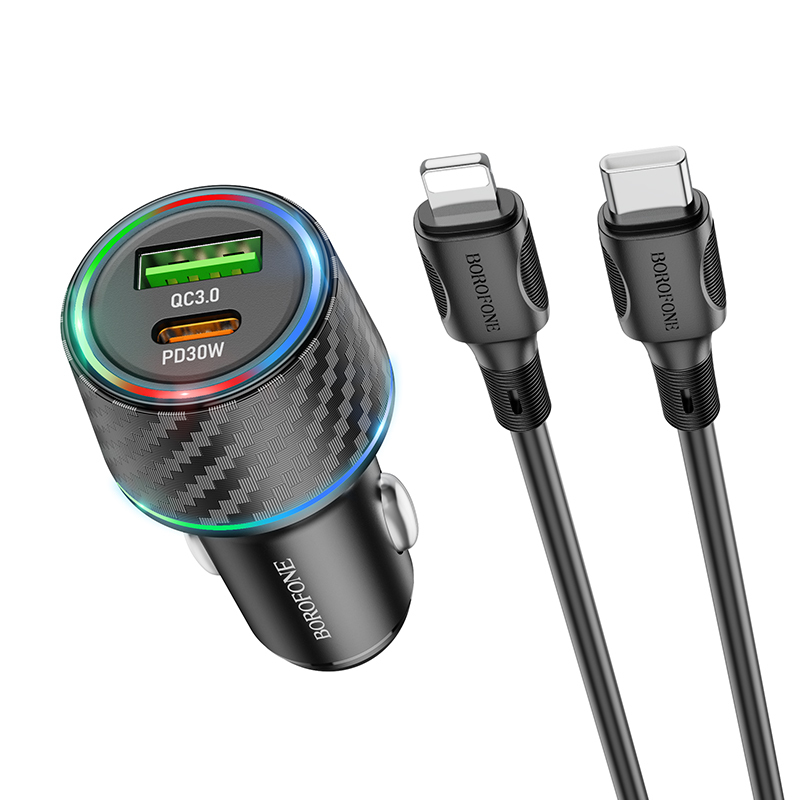 Borofone Car charger BZ21 Brilliant - USB + Type C - QC 3.0 PD 48W with Type C to Lightning cable black