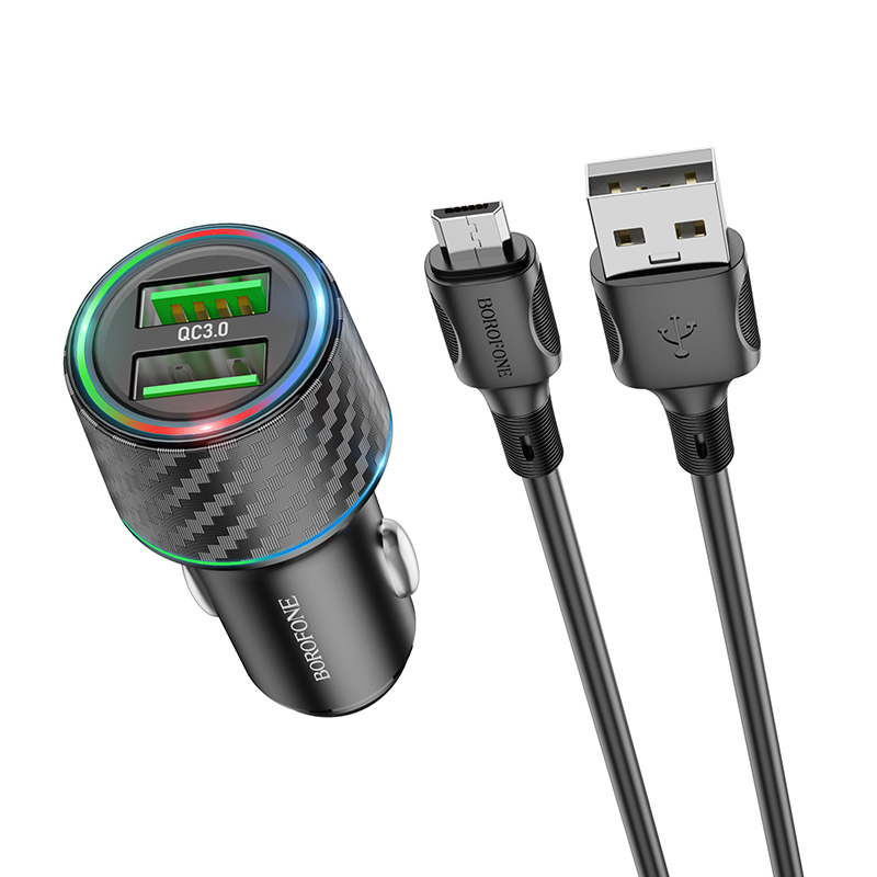 Borofone Car charger BZ21A Brilliant - 2xUSB - QC 3.0 36W with USB to Micro USB cable black