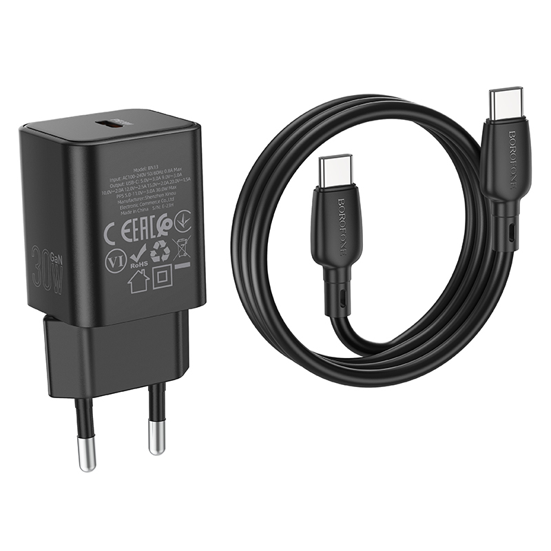 Borofone Wall charger BN13 Safety GaN - Type C - PD 30W with Type C to Type C cable black