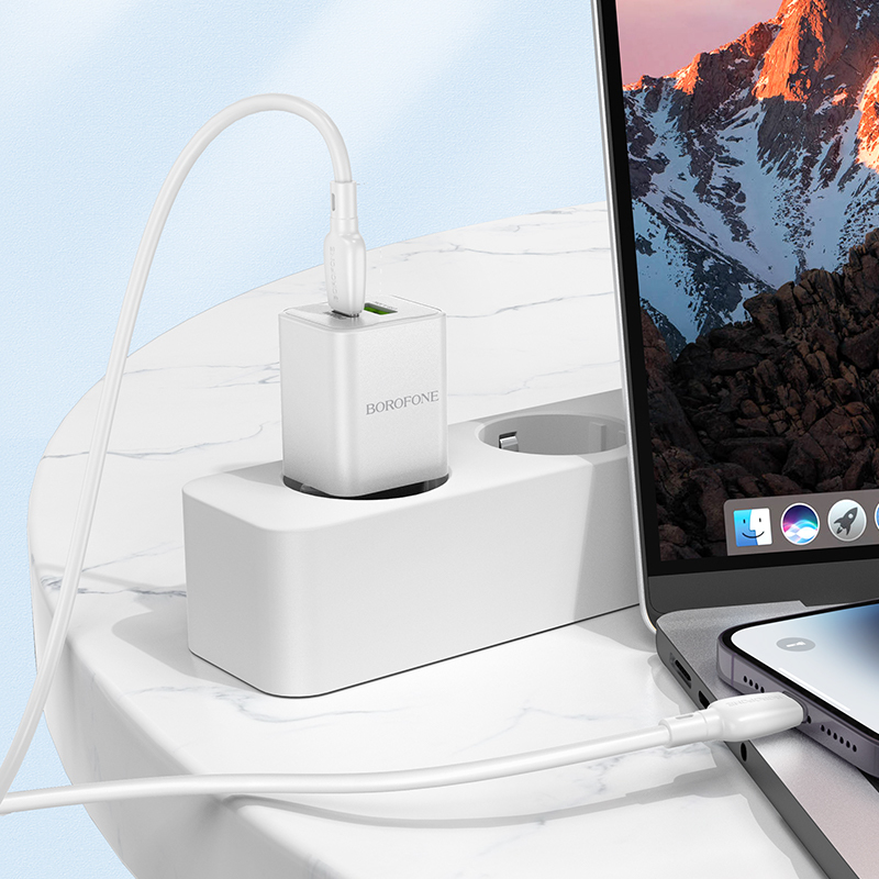 foto_add-236775 Borofone Wall charger BN14 Royal GaN - USB + Type C - QC 3.0 PD 30W with Type C to Lightning cable white