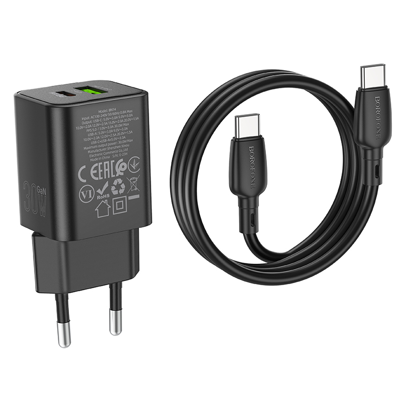 foto_add-236777 Borofone Wall charger BN14 Royal GaN - USB + Type C - QC 3.0 PD 30W with Type C to Type C cable black