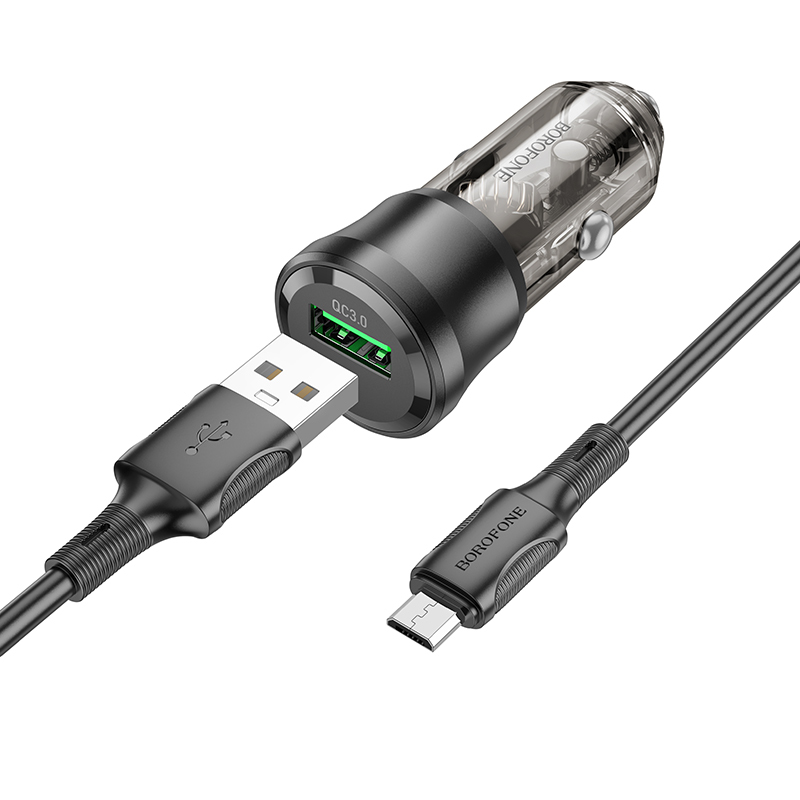 Borofone Car charger BZ23 Noble - USB - QC 3.0 PD 18W with USB to Micro USB black