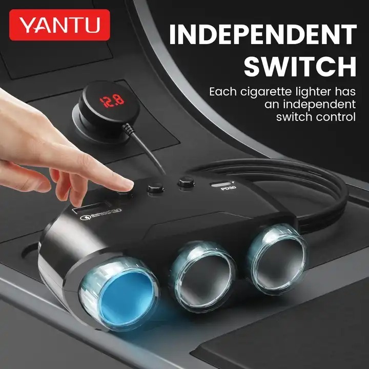 Car Cigarette Lighter Socket Splitter LM21 - 3 sockets + USB + Type C - QC 3.0 PD 3A 122W with display and cable