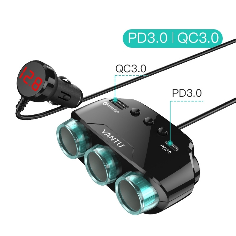 Car Cigarette Lighter Socket Splitter LM21 - 3 sockets + USB + Type C - QC 3.0 PD 3A 122W with display and cable
