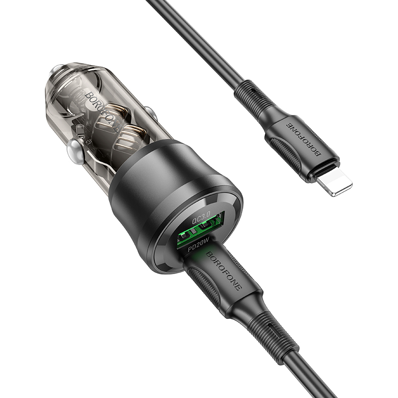 Borofone Car charger BZ25 Journey - USB + Type C - PD 38W 3A with Type C to Lightning cable black