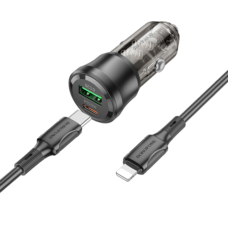 Borofone Car charger BZ25 Journey - USB + Type C - PD 38W 3A with Type C to Lightning cable black