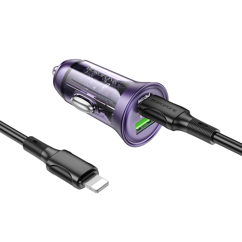 Borofone Car charger BZ26A Shadow - USB + Type C - PD 43W 3A with Type C to Lightning cable transparent-purple