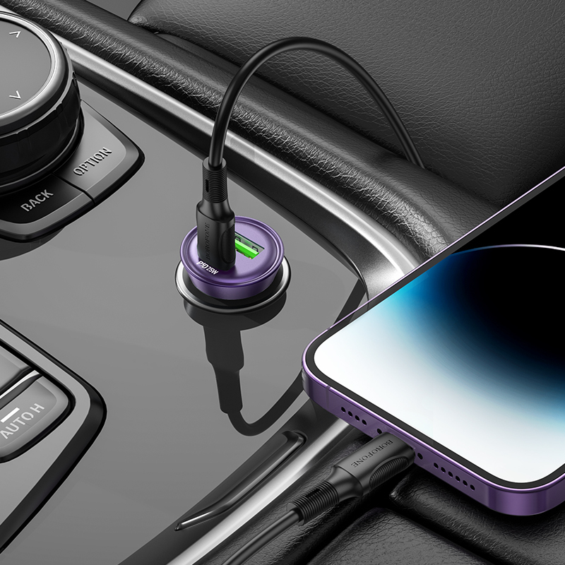 Borofone Car charger BZ26A Shadow - USB + Type C - PD 43W 3A with Type C to Lightning cable transparent-purple