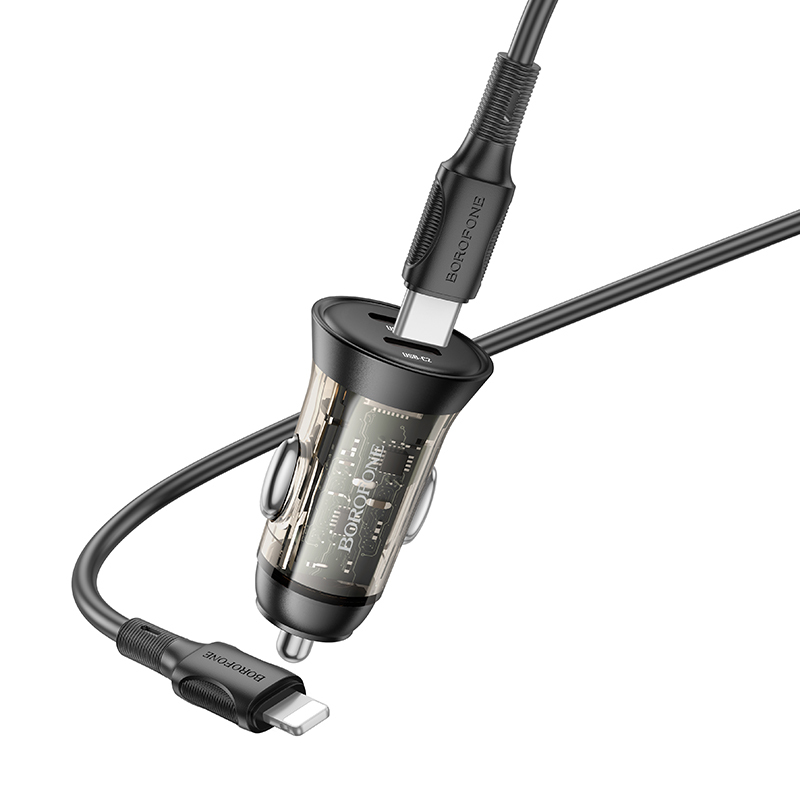 Borofone Car charger BZ26B Discovery - 2xType C - PD 45W 3A with Type C to Lightning cable transparent-black