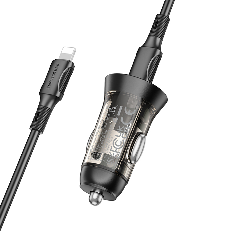 Borofone Car charger BZ26B Discovery - 2xType C - PD 45W 3A with Type C to Lightning cable transparent-black