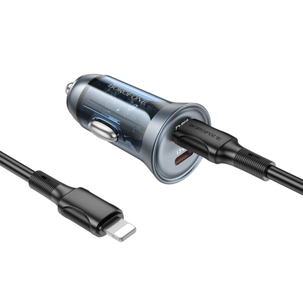 Borofone Car charger BZ26B Discovery - 2xType C - PD 45W 3A with Type C to Lightning cable transparent-blue