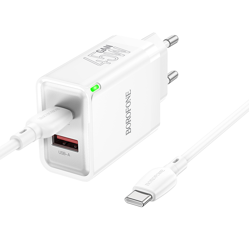 Borofone Wall charger BN16 Tough - USB + Type C - PD 45W 3A with Type C to Type C cable white