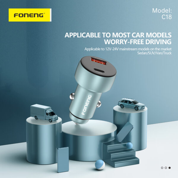 Foneng Car charger C18 - USB + Type C - PD 48W 3A with Type C to Lightning cable grey