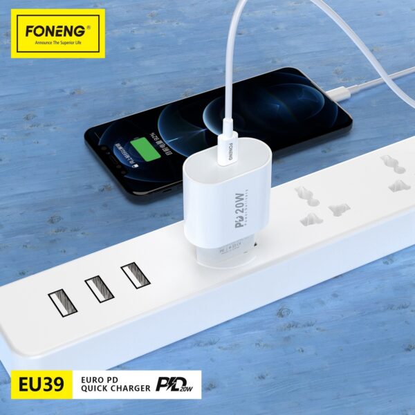 Foneng Wall charger EU39 - Type C - PD 20W 3A with Type C to Lightning cable white