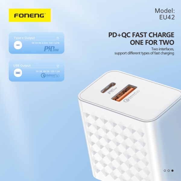 Foneng Wall charger EU42 GaN - USB + Type C - PD 20W 3A with Type C to Type C cable white