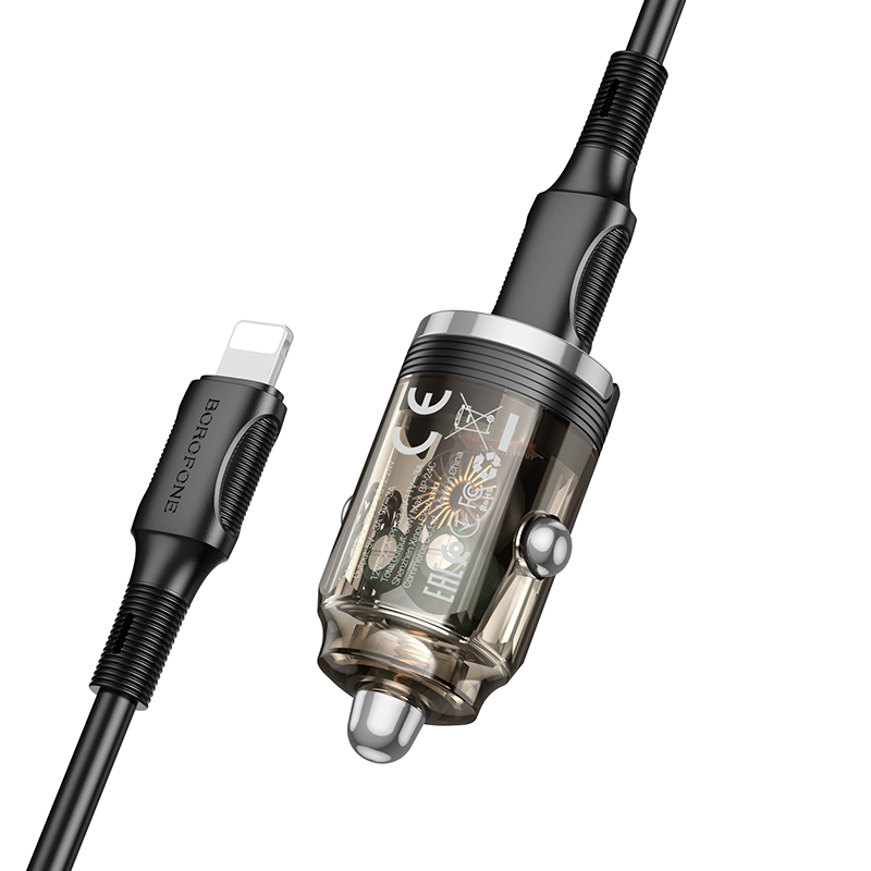 foto_add-272609 Borofone Car charger BZ29 Ray - Type C - PD 30W 3A with Type C to Lightning transparent-black