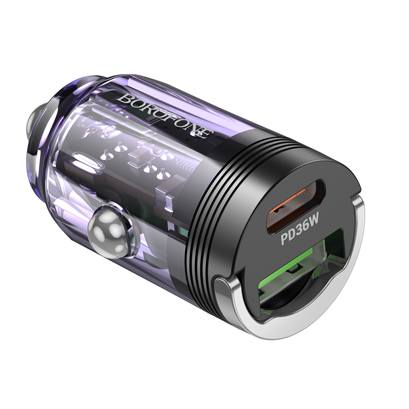 Borofone Car charger BZ29A Talented - USB + Type C - QC 3.0 PD 36W 3A transparent-purple