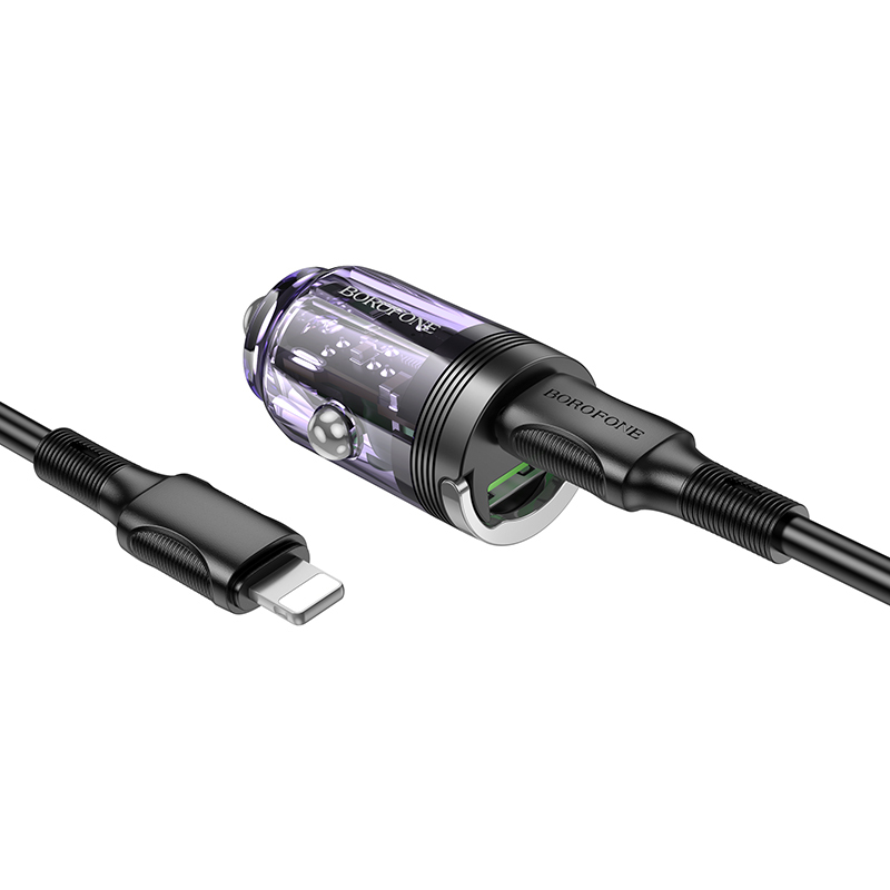 foto_add-272852 Borofone Car charger BZ29A Talented - USB + Type C - QC 3.0 PD 36W 3A with Type C to Lightning transparent-purple