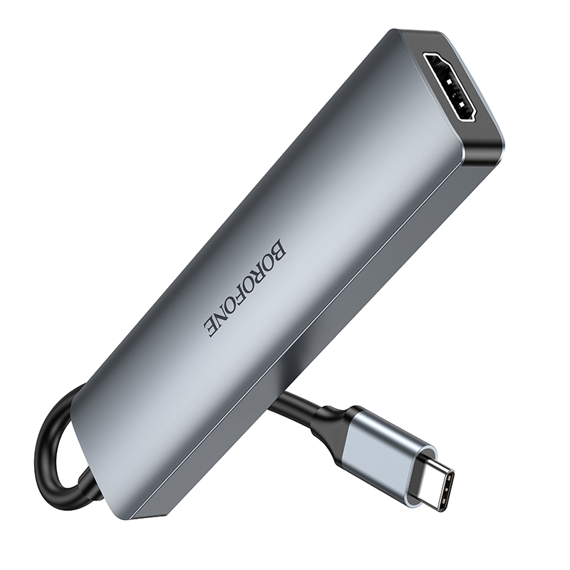 Borofone Adapter DH15 Buddy 6 in 1 - Type C to HDMI + Type C + USB 3.0 + USB 3.0 + SD + microSD - PD 100W grey