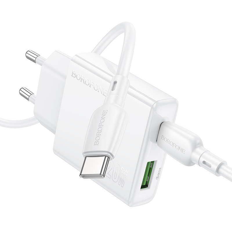 Borofone Wall charger BN24 Wish (Ultra Thin) - USB + Type C - PD QC 3.0 20W with Type to Type C cable white
